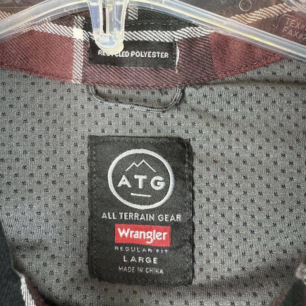 Wrangler ATG Flannel Shirt Mens Large Red Maroon Plaid Regular Fit Long Sleeve - Picture 9 of 14